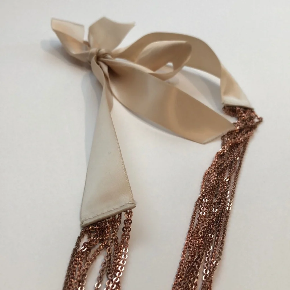 J. Crew Rose Gold Chain Multi-Strand Necklace with Beige Ribbon